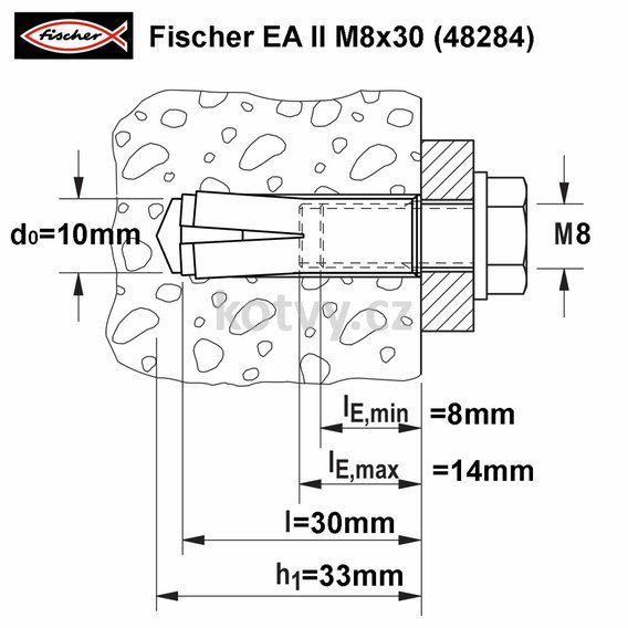 Technický výkres ocelové kotvy Fischer EA II M 8x30 M8